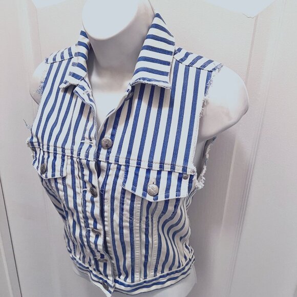Topshop MOTO Women's Size 2-Striped Distressed Denim Sleeveless Vest-White/Blue - Picture 4 of 14